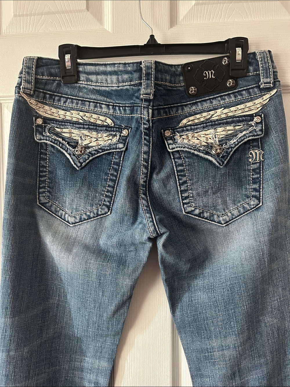 Miss Me Distressed Blue Wash Boot Cut Jeans with Embellished Back Pockets